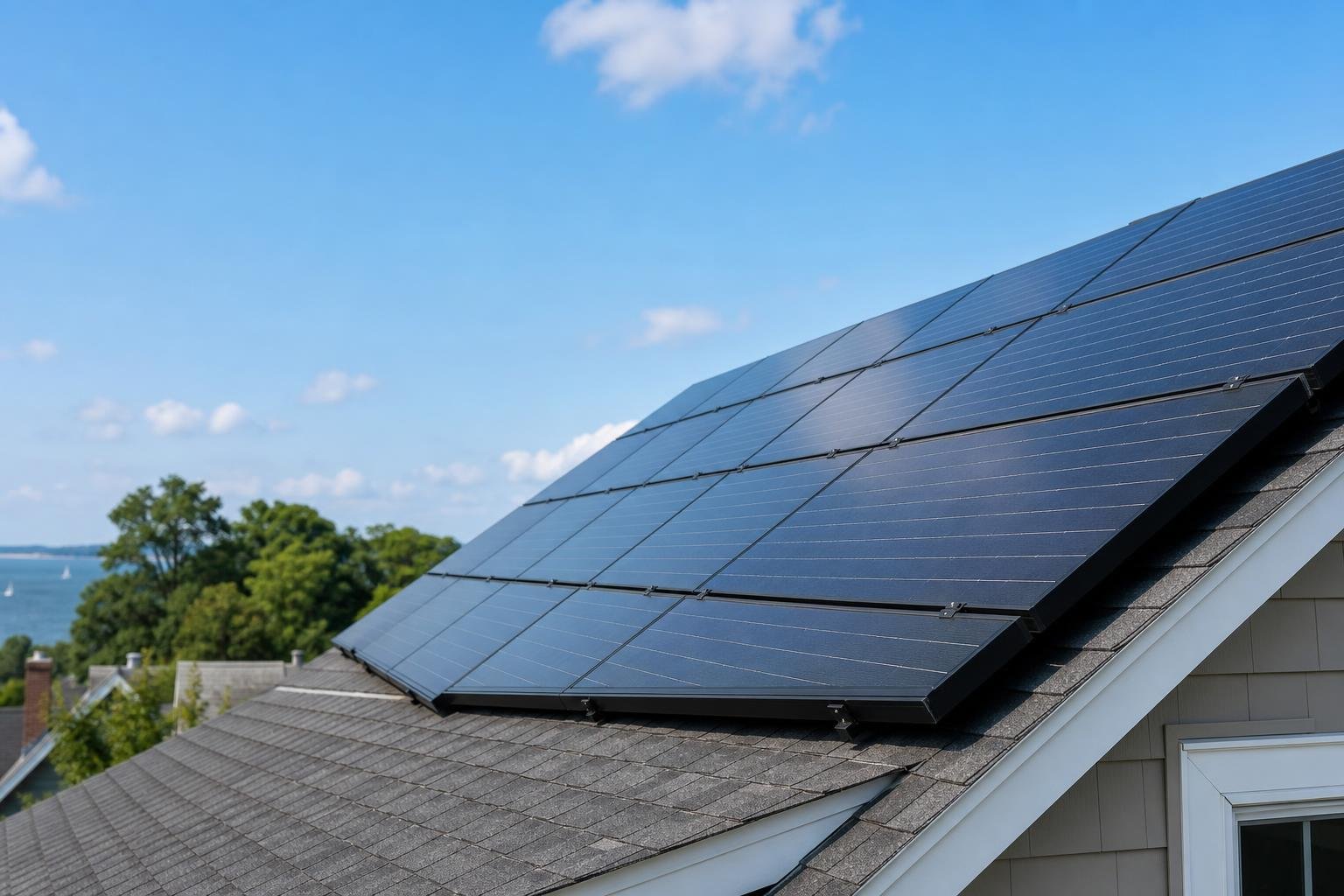 Close-up of solar panels mounted on the roof of a residential home in Bridgeport, Connecticut, in warm daylight.