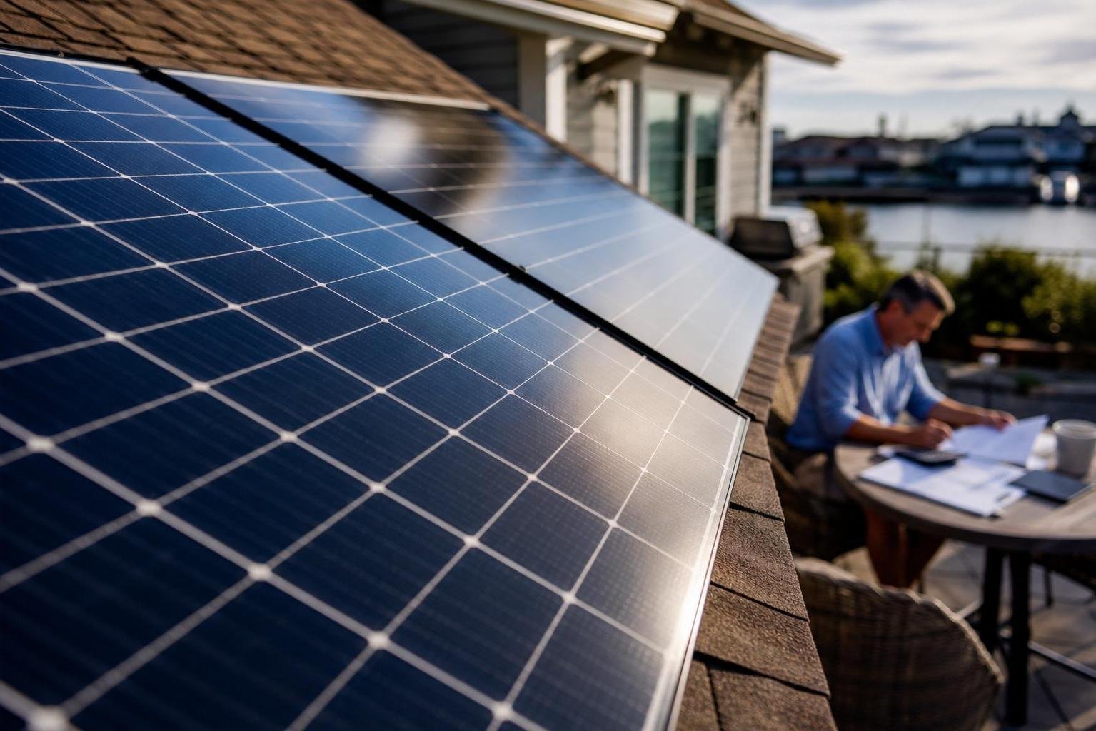 Close-up of residential solar panels with a homeowner blurred in the background reviewing documents and a calculator.